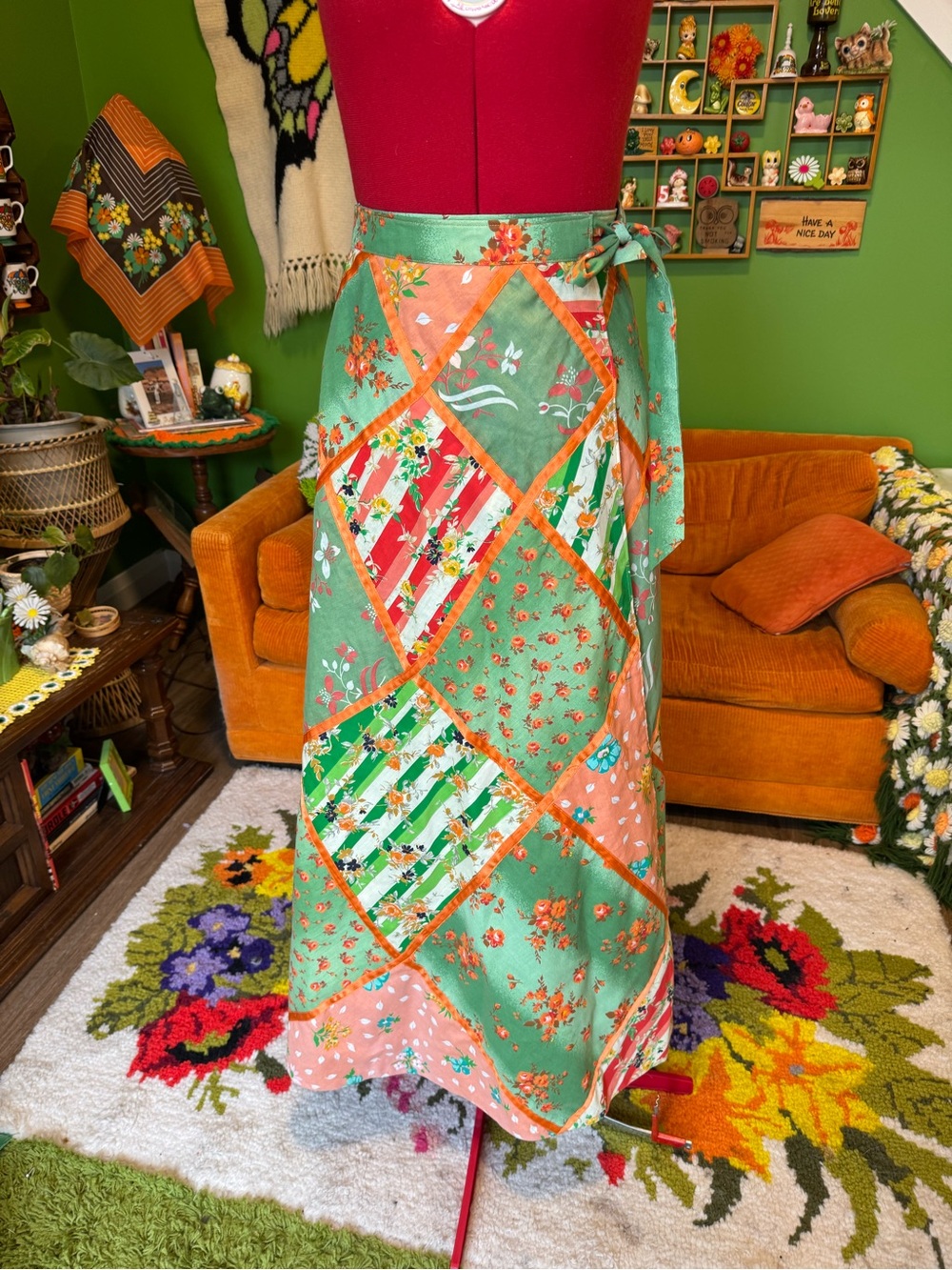 Vintage Green Orange Patchwork Maxi Skirt